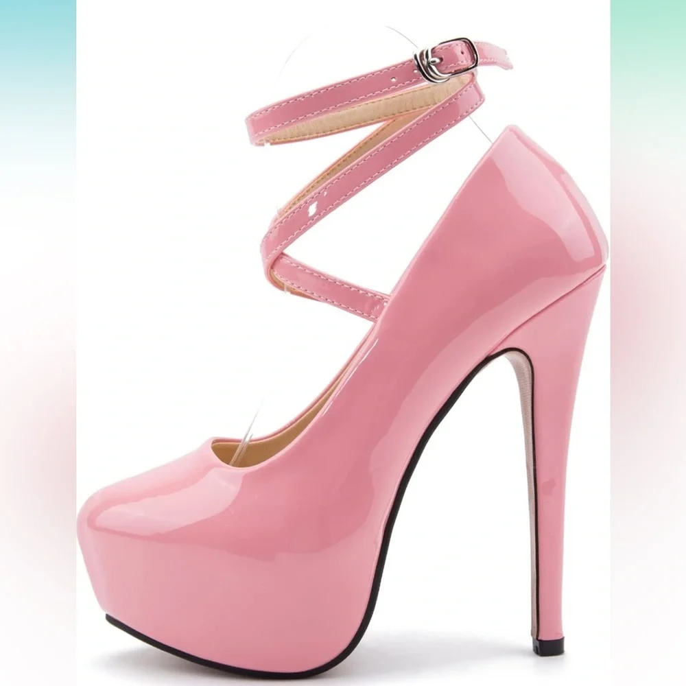 Pink Patent Cross-Strap Platform Heels - Picture 8 of 16